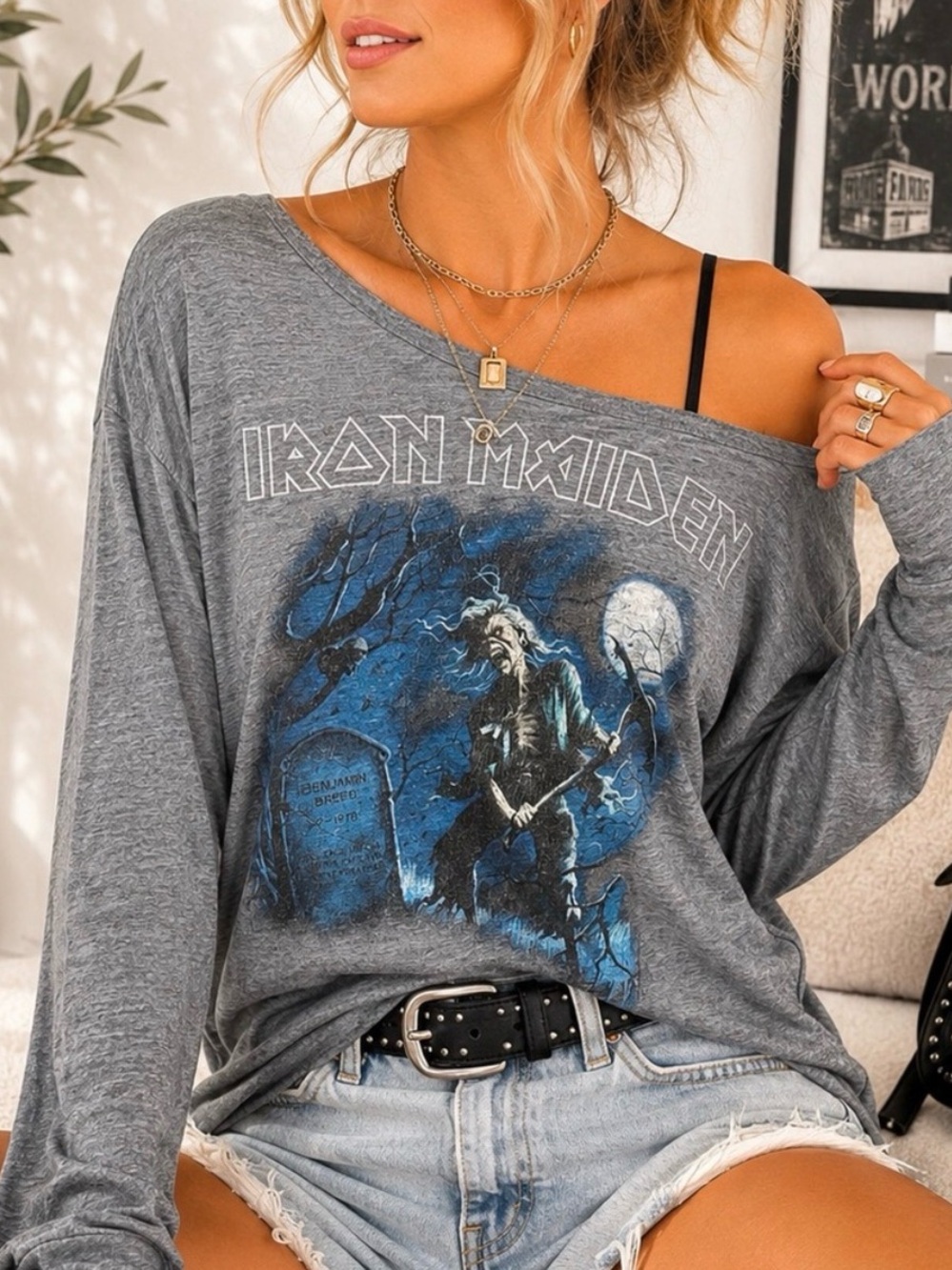Iron Maiden Graphic Slouchy Vintage Long Sleeve Grey & Blue Top | Tee Size M